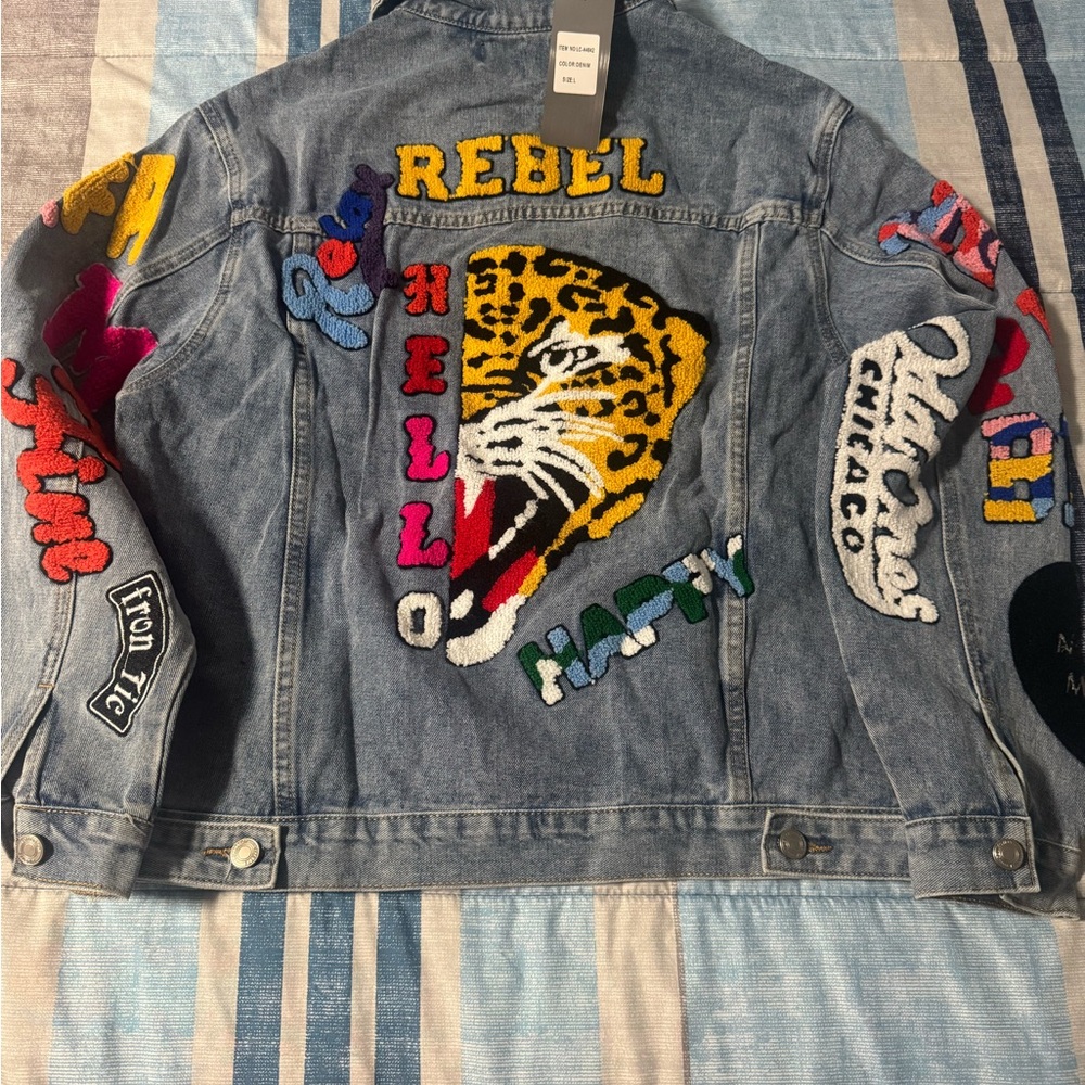 Denim Jacket with Colorful Embroidery. Animal print , Tiger